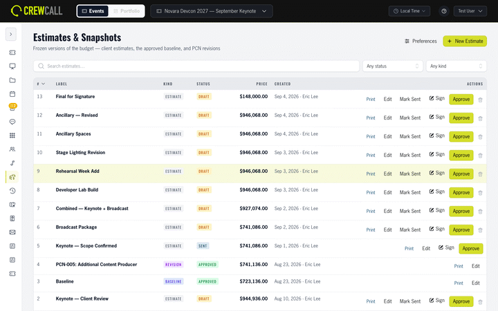CrewCall estimates and snapshots