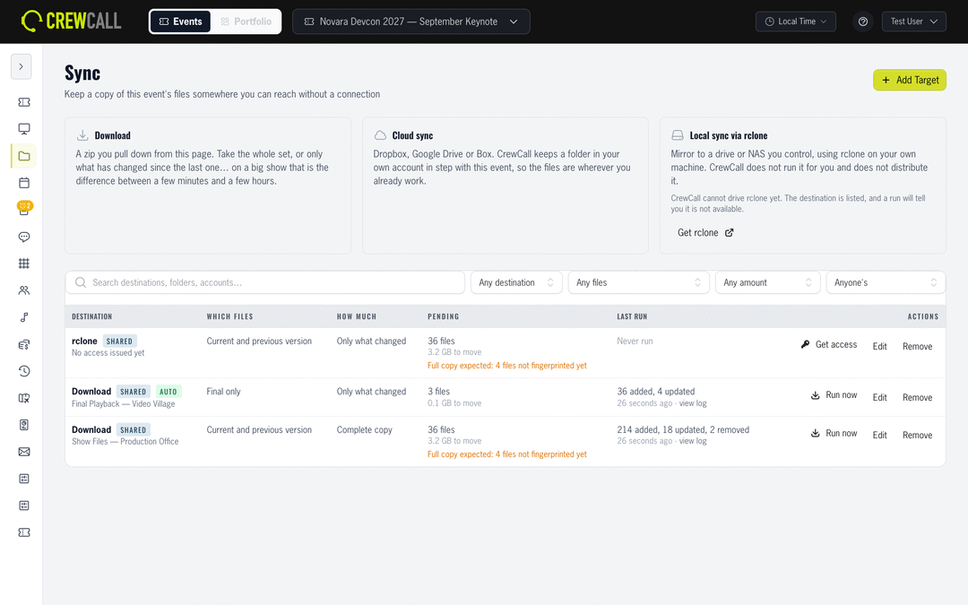 CrewCall cloud sync targets