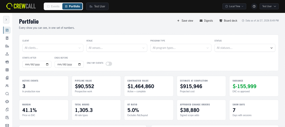 CrewCall portfolio dashboard